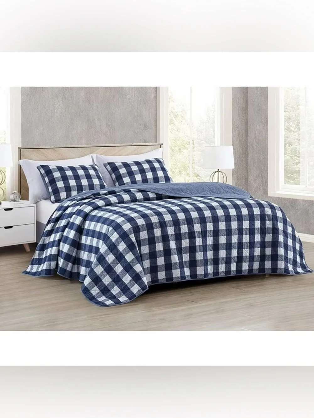 Blue and White Buffalo Check Queen 3 piece Quilt Set